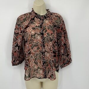 Evereve Kensie chiffon blouse top shirt button ruffle tropical floral new XS
